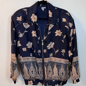 Vintage Coaco Silk Jacket Sz Small Blue Pink Flowers Zip Front Machine Washable